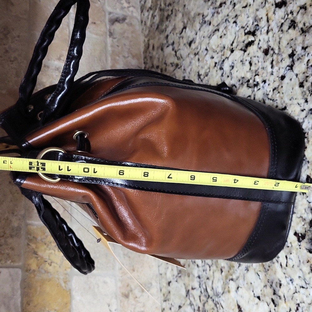 Patricia Nash Brown and Black Leather Drawstring Bucket Bag - Picture 9 of 16